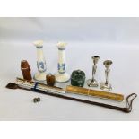 A GROUP OF ASSORTED COLLECTIBLES TO INCLUDE VARIOUS MEASURES, LEATHER WHIP, HIP FLASK,