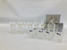 A GROUP OF 11 GLASSES MARKED FABERGE + A SET OF 9 CUT GLASS CRYSTAL GLASSES AND MATCHING DECANTER