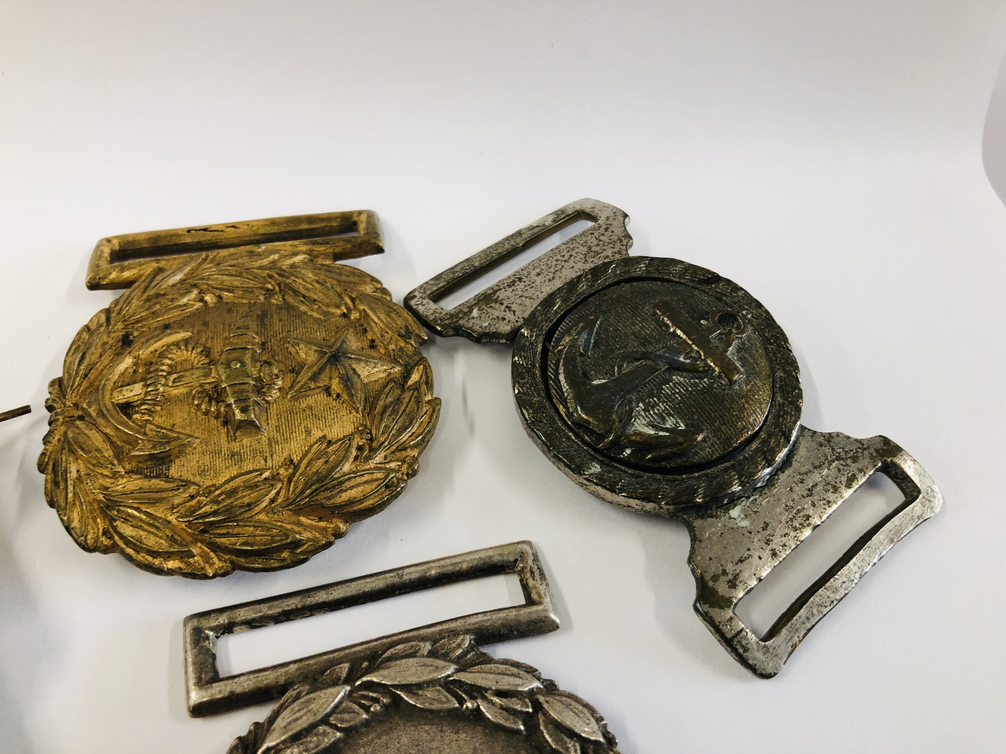 A TUB CONTAINING FRENCH ART PIECES, 3 BUCKETS BADGES AND PLATED INKWELL. - Image 5 of 7