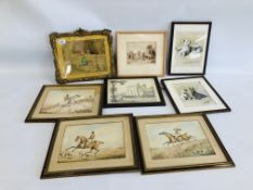 A GROUP OF PICTURES TO INCLUDE HUNTING SCENES, 1845 FRAMED SKETCH OF ROYDON HALL,