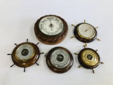 A GROUP OF 5 ASSORTED HARDWOOD BAROMETERS.