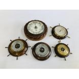 A GROUP OF 5 ASSORTED HARDWOOD BAROMETERS.