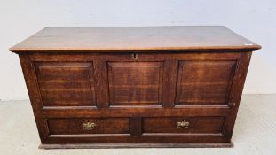 AN C18TH HARDWOOD MULE CHEST, LACKING FEET H 57CM, 128CM WIDE X D 50CM.