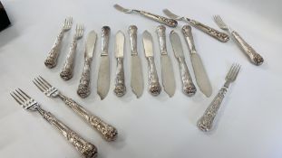 SET OF EIGHT SILVER KINGS PATTERN FISH KNIVES AND SEVEN MATCHING SILVER FORKS AND ONE SIMILAR.