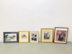 A GROUP OF 5 FRAMED HORSE RACING RELATED PICTURES AND PRINTS TO INCLUDE A LESTER PIGGOTT & NIJINSKY