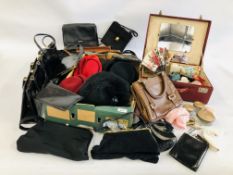 2 BOXES CONTAINING A QUANTITY OF VINTAGE BAGS AND HATS ALONG WITH VINTAGE RED MIRRORED CASE