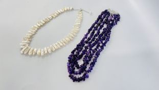 A MULTI STRAND AMETHYST TYPE NECKLACE ALONG WITH A DESIGNER MOTHER OF PEARL TYPE NECKLACE.