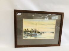 A FRAMED AND MOUNTED WATER COLOUR OF FISHING BOATS AT REST BEARING SIGNATURE D. WINCAP 47.