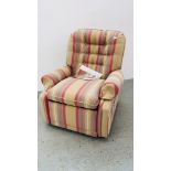 A QUALITY RECLINING EASY CHAIR UPHOLSTERED IN GLENFINNAN CARDINAL STRIPED MATERIAL.