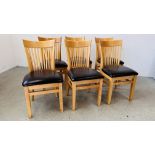 A SET OF 6 MODERN BEECH WOOD FINISH DINING CHAIRS WITH DARK BROWN FAUX LEATHER SEATS.