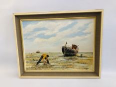 A FRAMED OIL ON BOARD "COCKLING IN THE WASH" BEARING SIGNATURE E.K. JUDD. W 39CM. X H 29CM.