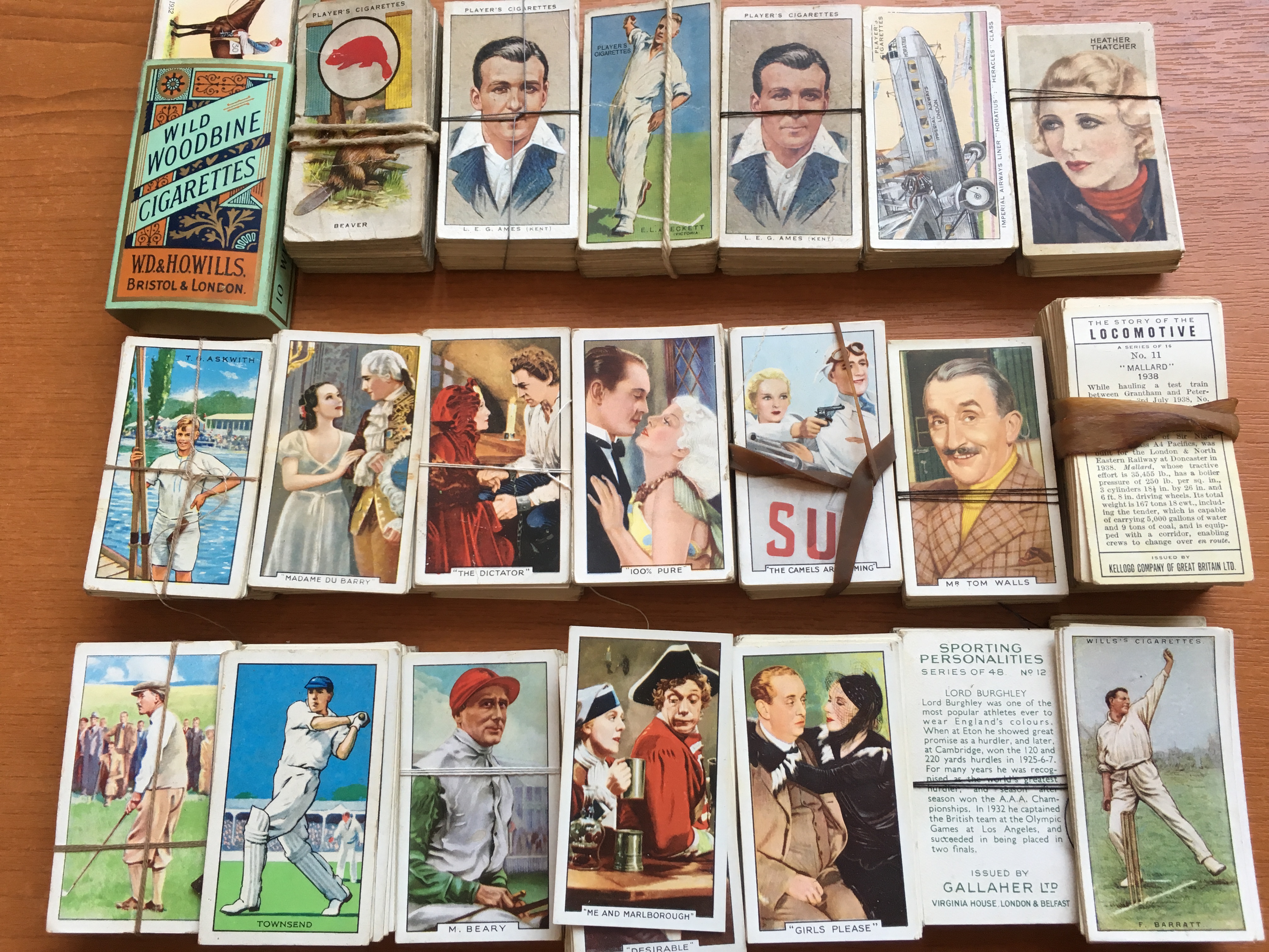 BOX OF 1930's CIGARETTE CARDS, GALLAHER WITH SETS AND PART SETS, PLAYER, CRICKETERS, FILM STARS ETC.