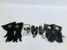A GROUP OF MASONIC REGALIA AND COLLECTIBLES TO INCLUDE LEATHER GLOVES, "ORDER OF ST.