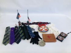 A GROUP OF MASONIC COLLECTIBLES AND REGALIA TO INCLUDE TIES AND GLOVES,