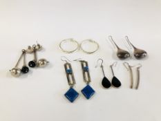 6 PAIRS OF WHITE METAL AND SILVER EARRINGS TO INCLUDE DESIGNER EXAMPLES.
