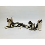 A GROUP OF 4 WINSTANLEY ART POTTERY CAT STUDIES NO.4 L 29CM X H 11.