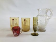 A GROUP OF MARY GREGORY STYLE GLASSWARE INCLUDING A PAIR OF WINE CUPS (1 A/F), VASE,