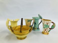 A GROUP OF ART DECO STYLE JUGS TO INCLUDE 3 BURLEIGH WARE EXAMPLES AND ONE OTHER,