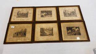 A GROUP OF SIX FRAMED HUNTING SCENES DEPICTING TERRIERS AND HORSE HOUNDS AND FOXES (H 26CM X W 32CM