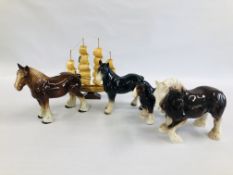 A GROUP OF FOUR HEAVY HORSE ORNAMENTS HORN EFFECT MODEL SAILING BOAT.
