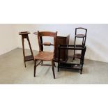 A GROUP OF VINTAGE OCCASIONAL FURNITURE TO INCLUDE MAHOGANY SINGLE PEDESTAL PLANT STAND,