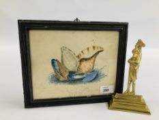 A FRAMED AND MOUNTED C19TH WATERCOLOUR OF SHELLS ALONG WITH BRASS FIGURAL ORNAMENT.