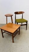 A MID CENTURY STYLE DINING CHAIR, PINE BAR STOOL AND A RETRO STYLE OCCASIONAL TABLE.