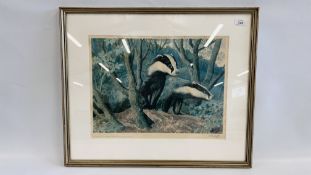 A FRAMED AND MOUNTED LIMITED EDITION 448/500 BADGER PRINT BEARING SIGNATURE "C.F.