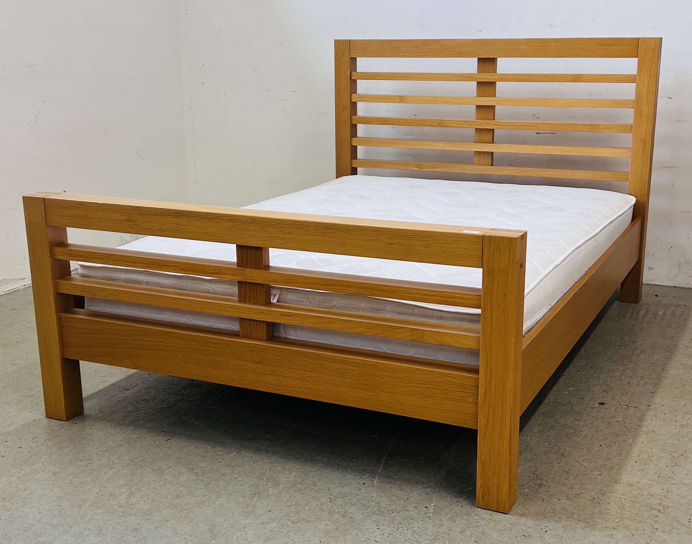MODERN BEECHWOOD FINISH DOUBLE BEDSTEAD COMPLETE WITH ORTHO MATTRESS