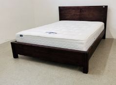 MODERN DARKWOOD KINGSIZE BEDSTEAD COMPLETE WITH SILENT NIGHT LEONA MIRACOIL MATTRESS.