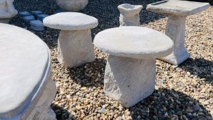 TWO REPRODUCTION STONEWORK STADDLE STONES, HEIGHT 44CM, DIAMETER 44CM.