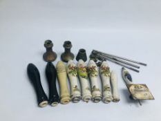 A BOX OF CERAMIC BEER PUMP HANDLES, MANY DEPICTING HUNTING SCENES ALONG WITH VARIOUS FITTINGS.