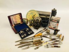 A BOX OF VINTAGE COLLECTIBLES TO INCLUDE HORN HANDLED CUTLERY, BOXED PLATED WARE, WITCHES BALL,