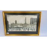 A LOWRY PRINT, AFTER PAINTING OF 1928 FACTORY WORKERS OUTSIDE FACTORY W 50CM X H 29CM.