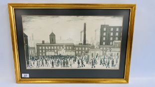 A LOWRY PRINT, AFTER PAINTING OF 1928 FACTORY WORKERS OUTSIDE FACTORY W 50CM X H 29CM.