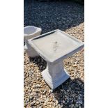 A SQUARE STONEWORK GARDEN BIRD BATH WITH RELIEF ROSE DECORATION, HEIGHT 52CM.