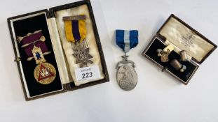 TWO VINTAGE SILVER MASONIC MEDALS TO INCLUDE AN ENAMELED EXAMPLE + ONE OTHER, 2 CUFF LINKS ETC.