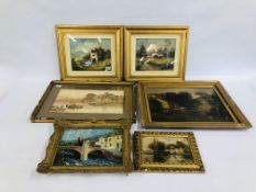 A GROUP OF 6 FRAMED ORIGINAL ART WORKS TO INCLUDE A PAIR OF OILS MARKED VIGARNO + A FRAMED