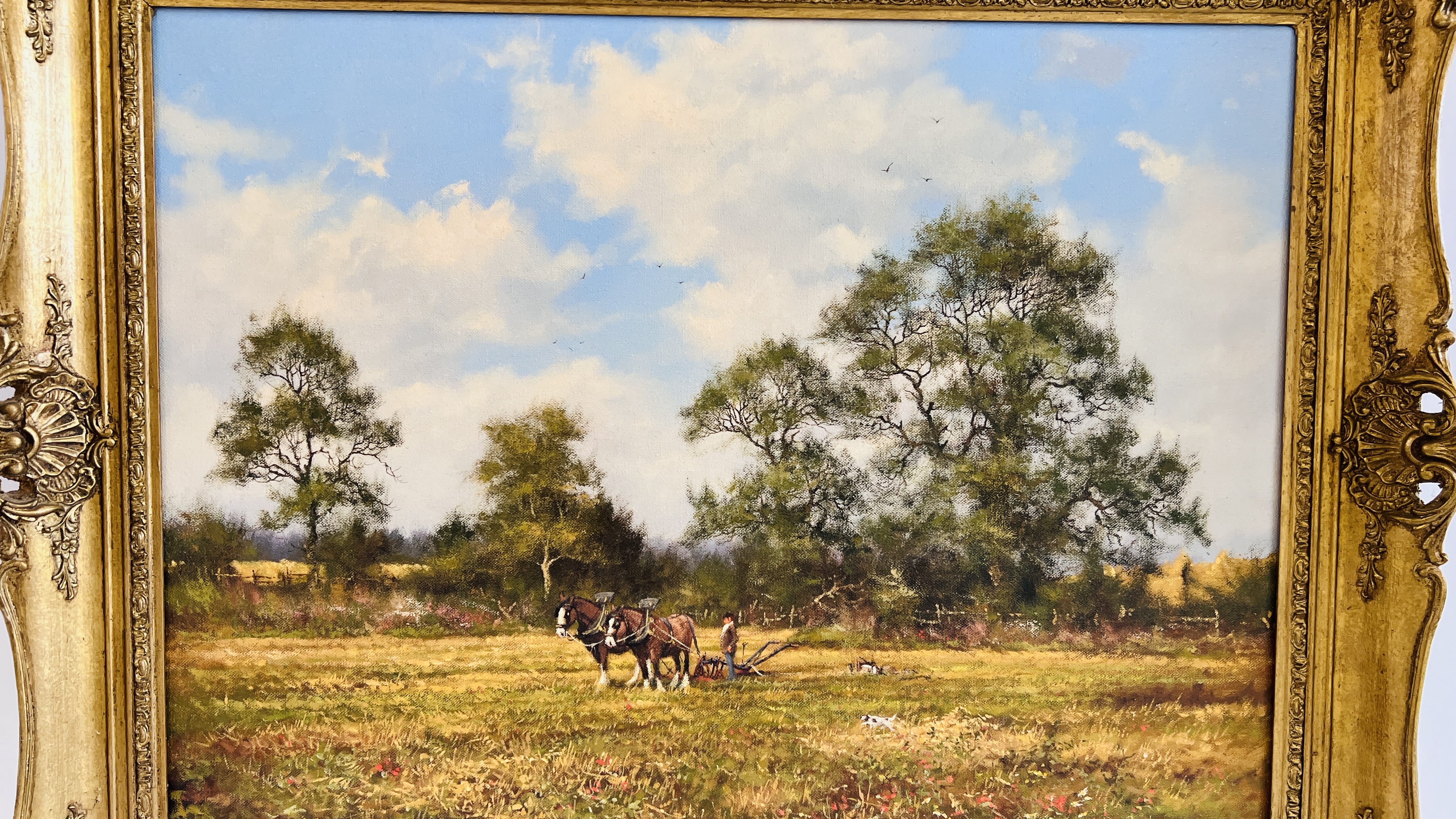 JAMES WRIGHT - "PLOUGHING" OIL ON CANVAS IN GILT FRAME, SIGNED, 75 X 60CM. - Image 2 of 4