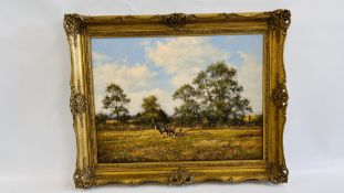 JAMES WRIGHT - "PLOUGHING" OIL ON CANVAS IN GILT FRAME, SIGNED, 75 X 60CM.