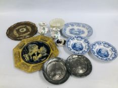 A COLLECTION OF VINTAGE CHINA AND PEWTER WARE AND LARGE CHARGER.