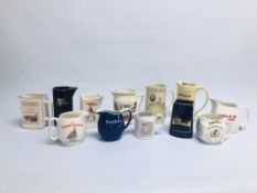A BOX OF 12 ASSORTED PUB ADVERTISING JUGS TO INCLUDE PICKWICK, BELLS,