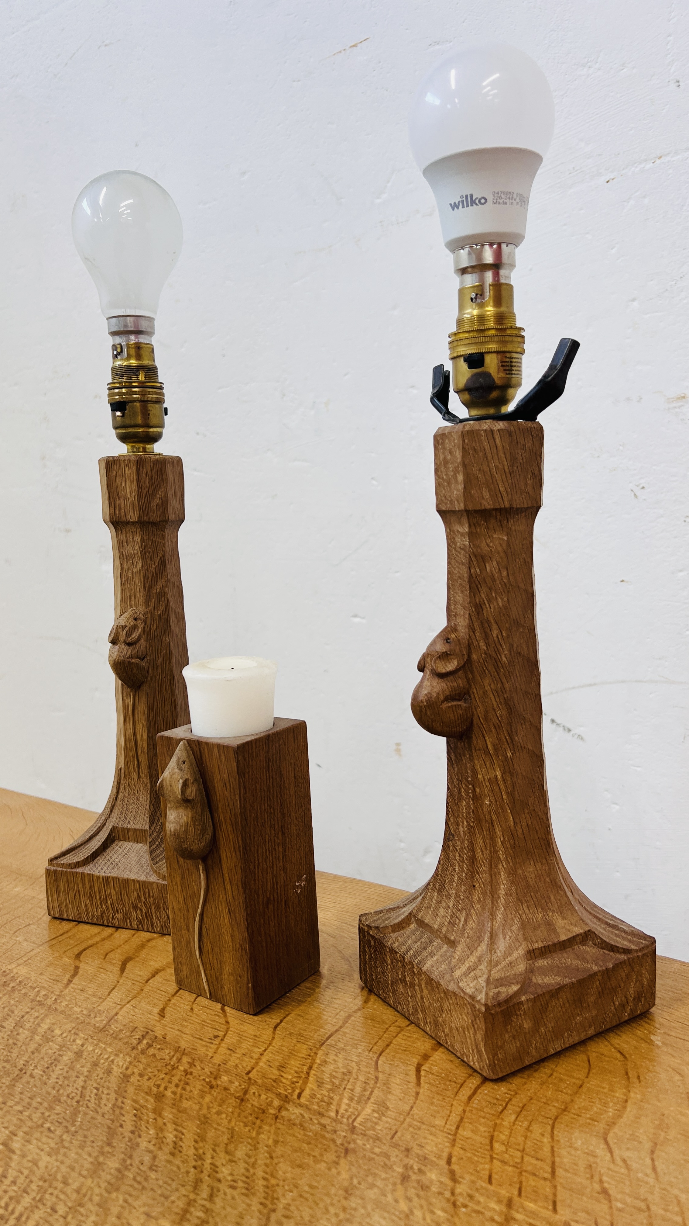 A PAIR OF ROBERT MOUSEMAN THOMPSON TABLE LAMPS HEIGHT 27CM ALONG WITH AN OAK CANDLE STICK WITH - Image 12 of 12