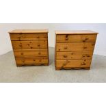 A PAIR OF MODERN HONEY PINE FOUR DRAWER CHESTS - EACH W 71CM D 34CM H 73CM.