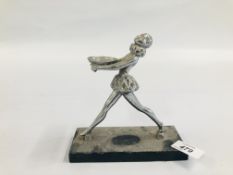 AN ART DECO CHROME STUDY OF A YOUNG LADY (NO LIGHTER) ON A BLACK PAINTED METAL BASE.