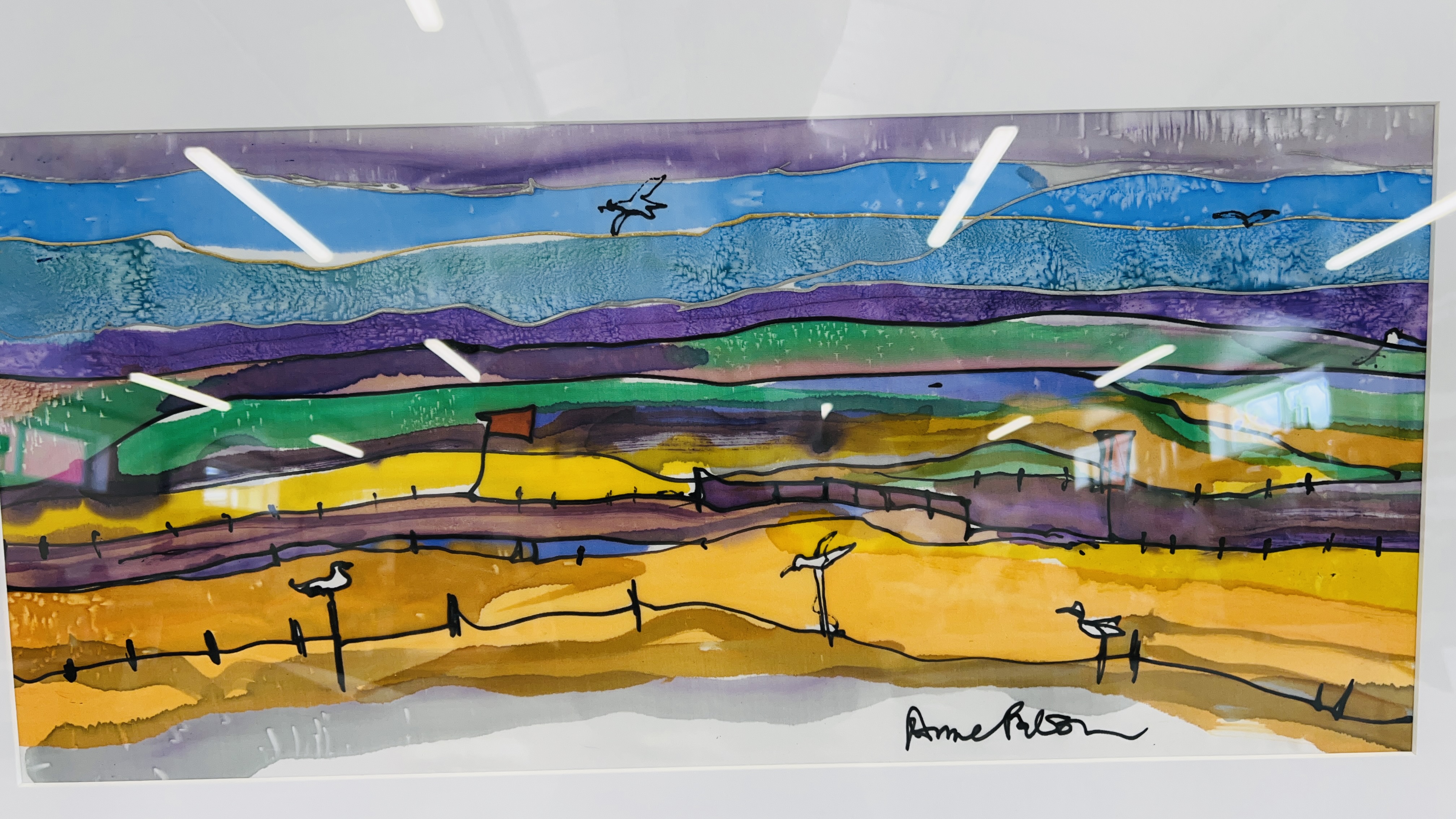 ANNE PATON INK ON SILK ORIGINAL BEACH SCENE FRAMED AND MOUNTED 60.5CM X 28CM. - Image 2 of 3