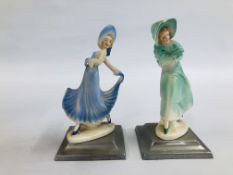 A PAIR OF ART DECO FIGURINES ON SQUARE CHROME BASES.