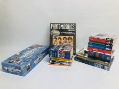 A BOX OF BEATLES MEMORABILIA TO INCLUDE VARIOUS BOOKS AND A 1950'S - 1980'S REMINISCING THE GAME