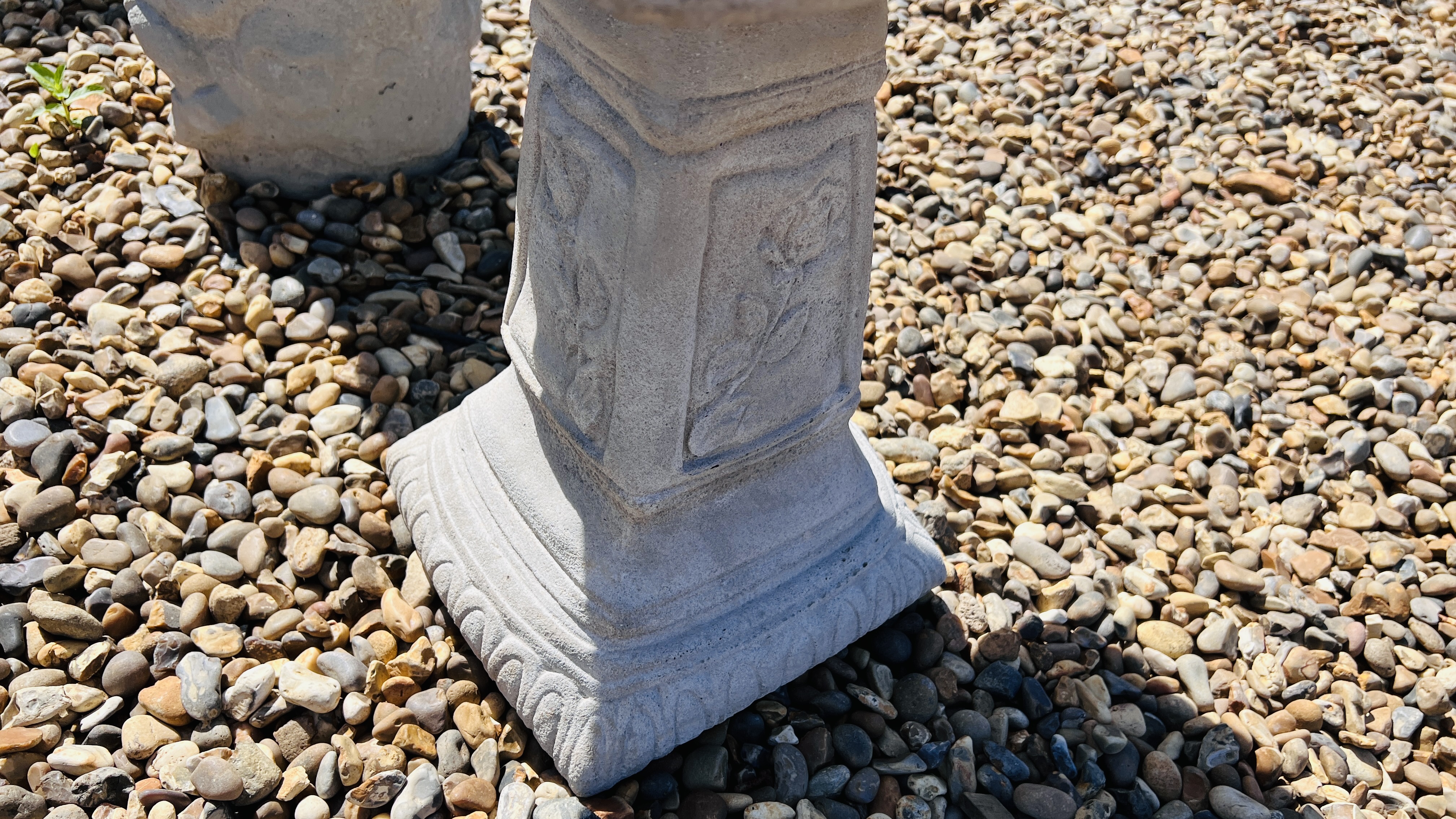 A SQUARE STONEWORK GARDEN BIRD BATH WITH RELIEF ROSE DECORATION, HEIGHT 52CM. - Image 3 of 3