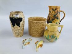 A GROUP OF CERAMICS TO INCLUDE A FALCON WARE PLANTER, PAIR OF BUDGIES,